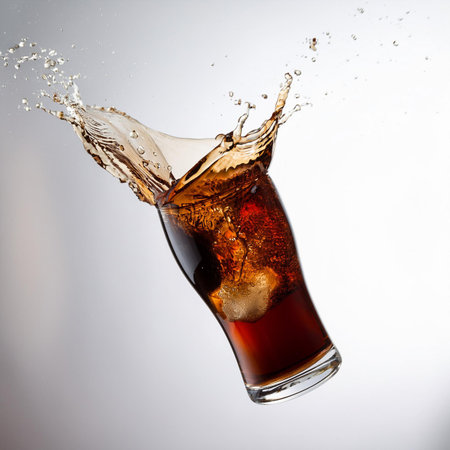 Cola splashing out of a glass with ice cubes on white backgroundの素材