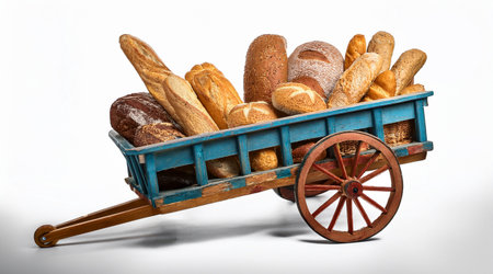 Different types of bread in a wooden cart on a white background.の素材
