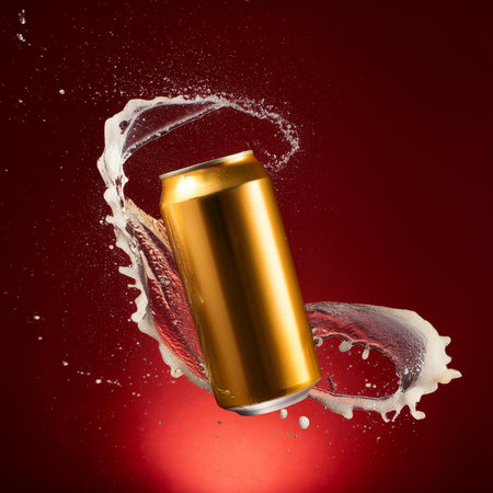 Golden can with water splash on red background. 3d illustration.の素材