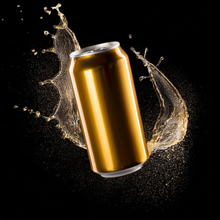 Gold can of beer with splash on black background. 3d illustrationの素材