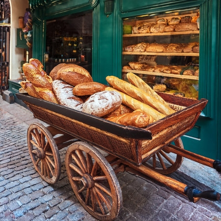 Bread cart with baguettes and bread rolls in Paris, Franceの素材