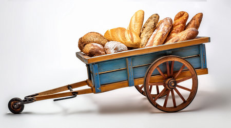 assortment of baked bread in a wooden cart on a white backgroundの素材