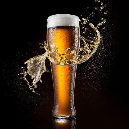 Beer splashing out of a glass on a black background with copy spaceの素材
