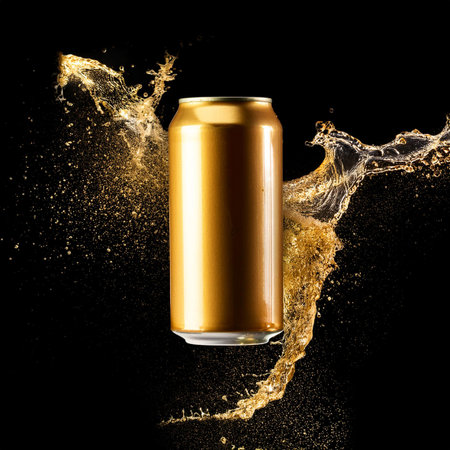 Gold can of beer with splashes on black background. 3d renderingの素材