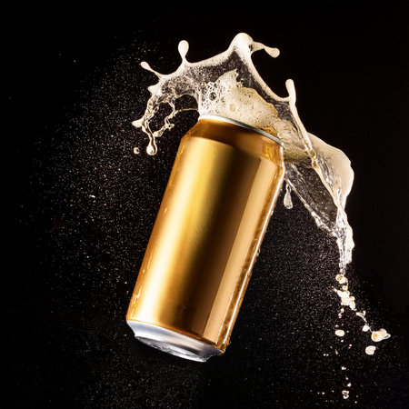 golden can of beer with splashes on black background, top viewの素材