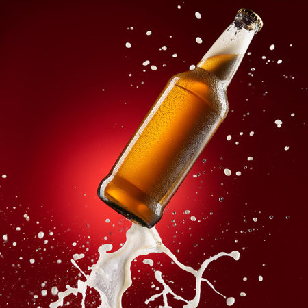 Bottle of beer with splashes and drops on red background.の素材