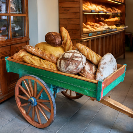 Assortment of fresh bread in wooden cart in bakery shop, Franceの素材