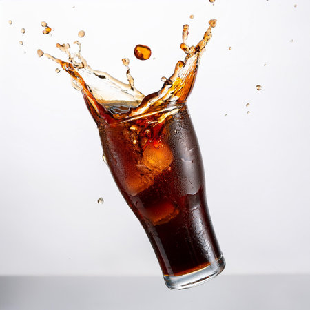 cola splashing out of glass with ice cubes on white backgroundの素材
