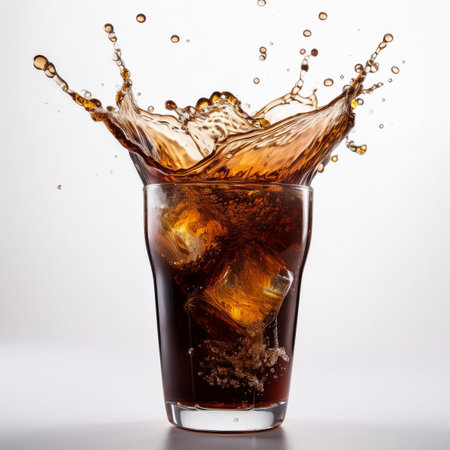 cola splash with ice cubes in glass on a white background.の素材