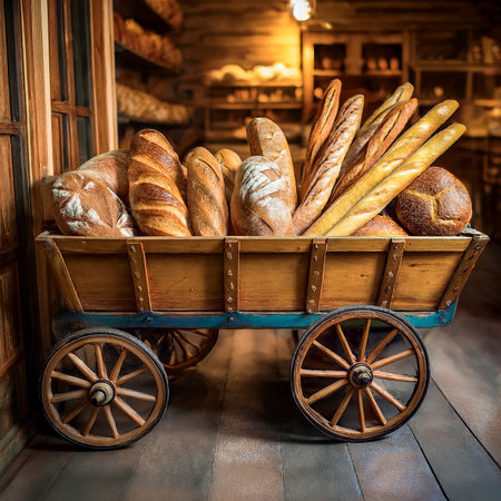Bread in a wooden cart on the background of a bakery.の素材