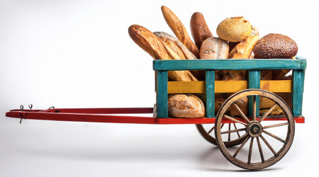 Variety of bread in a wooden cart on a white background.の素材