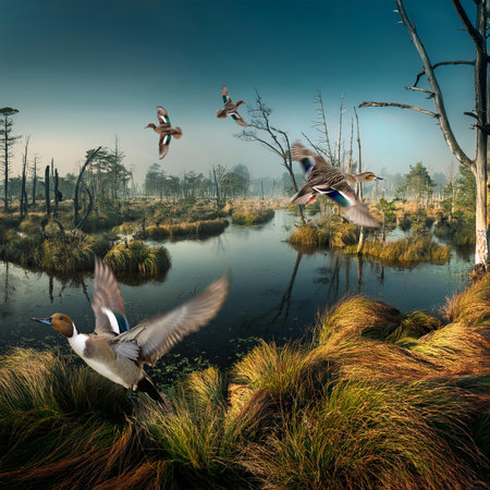 Ducks flying over a lake in the swamp, nature series.の素材