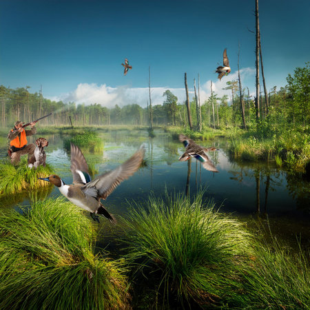 Landscape with ducks on the lake and fisherman in the morning.の素材