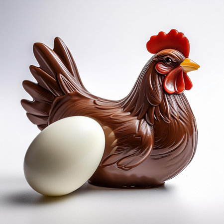 Chocolate chicken with egg on white background. 3d illustration.の素材
