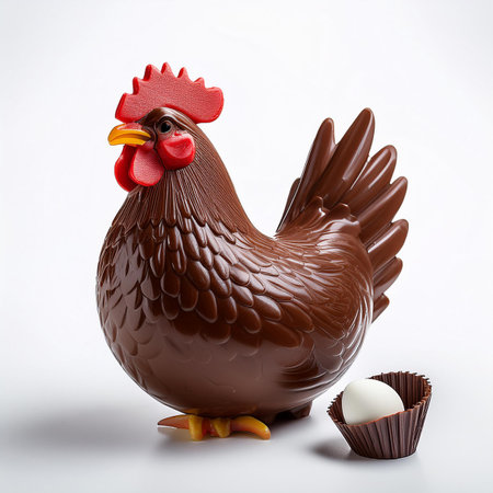 chicken with chocolate egg on white background. 3d illustration.の素材