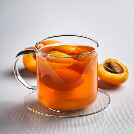 Cup of hot tea with apricots on a white backgroundの素材