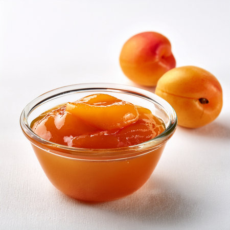 Apricot jam in a glass bowl on a white background.の素材