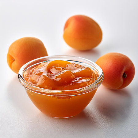 Apricot jam in a glass bowl and fresh apricots on white backgroundの素材