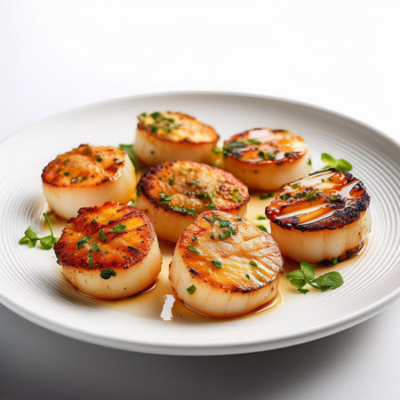 Grilled scallops with sauce and herbs on a white plateの素材