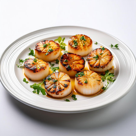Grilled scallops with parsley on a white plate.の素材