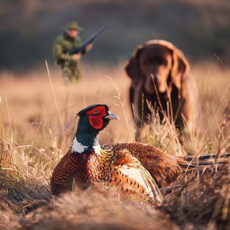 Pheasant and a hunting dog on the field. Wildlife scene from nature.の素材