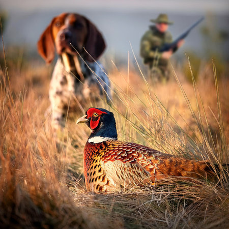 Hunting season. Hunter and pheasant in the field.の素材
