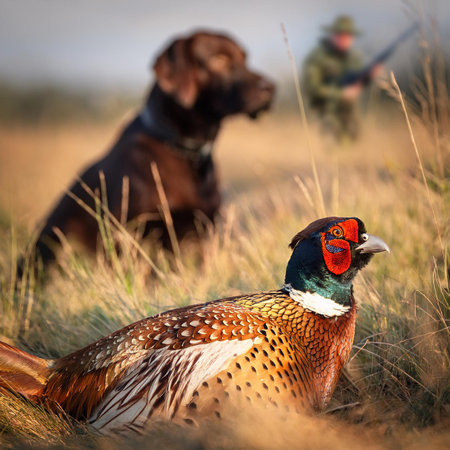 Hunting scene with a male pheasant and a black labradorの素材