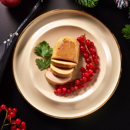 Christmas toast with red currant on a plate on a black backgroundの素材