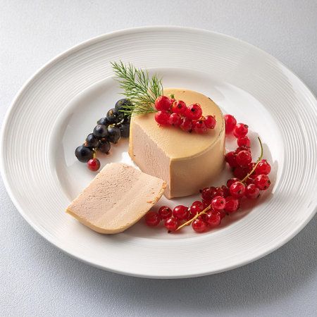 Piece of cheese with red currant and black currant on white plateの素材
