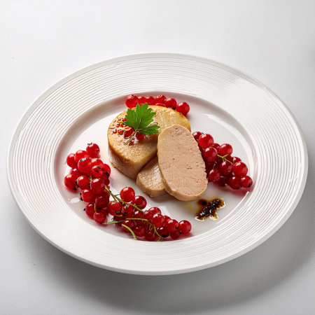 foie gras with red currant and parsley on white plateの素材