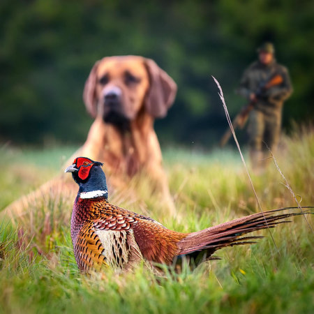 Pheasant with hunter in the background. Selective focus.の素材