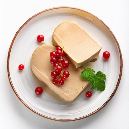 Creamy panna cotta with red currant, top viewの素材