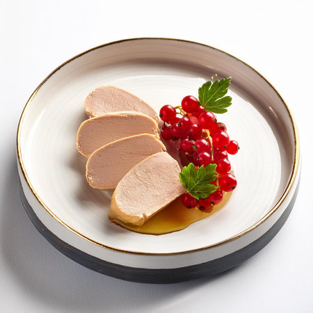 Pork tenderloin with red currant on a white plateの素材