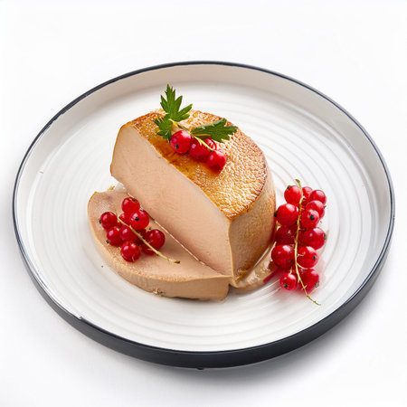 Foie gras with red currant on a white backgroundの素材