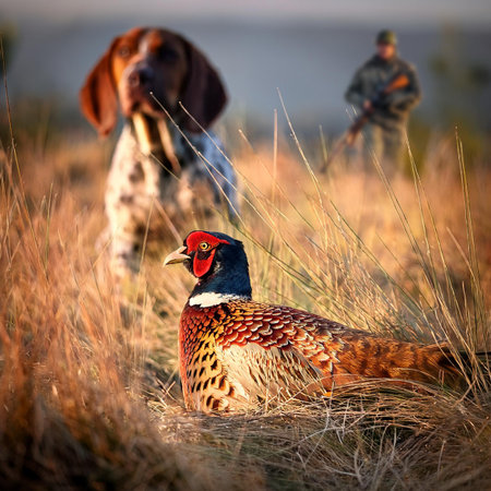 Pheasant in the grass with a hunter in the background.の素材
