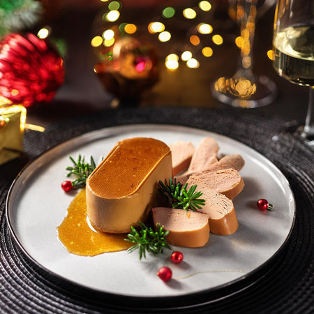 Pudding with sausages on a white plate. Christmas backgroundの素材