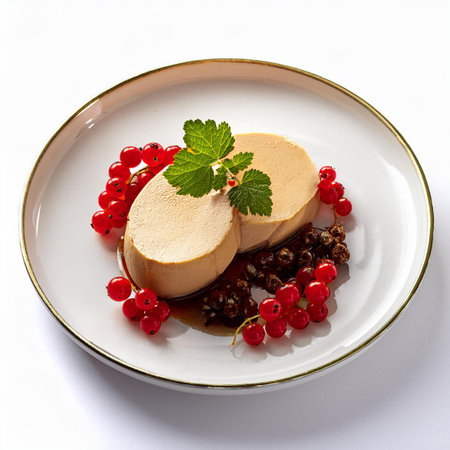 Panna cotta with fresh red currant on a white backgroundの素材