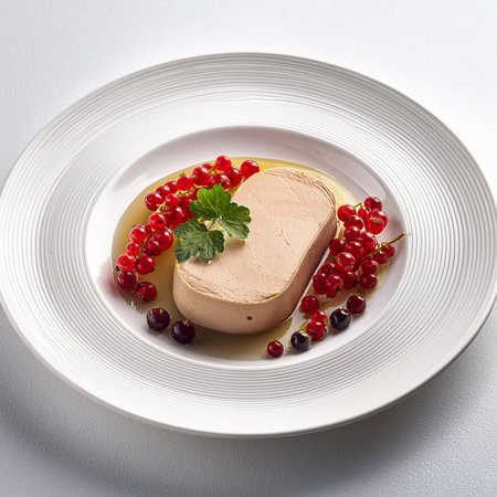 foie gras with red currant on a white plate.の素材