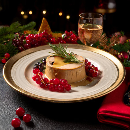 Panna cotta with red currant and rosemary on a Christmas tableの素材