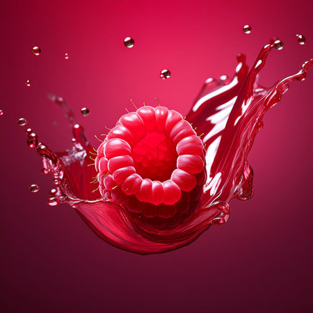 3d illustration of raspberry in water splashes on a red backgroundの素材