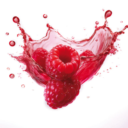 Raspberry splashing into a glass of juice, isolated on white backgroundの素材