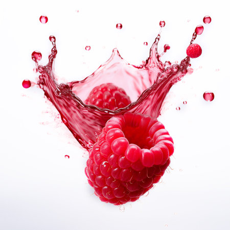 Raspberry splashing into a glass of juice, isolated on white backgroundの素材