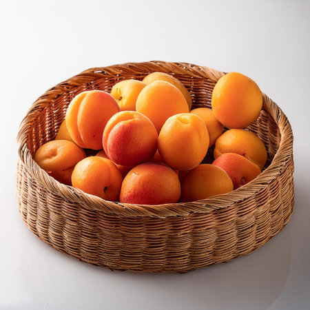 Ripe apricots in a wicker basket on a white backgroundの素材