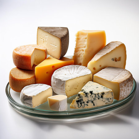 Various types of cheese on a glass plate on a white background.の素材