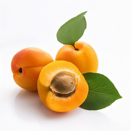Ripe apricots with leaves isolated on white background. Clipping pathの素材