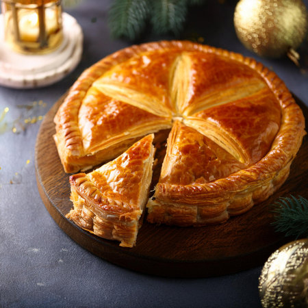 Traditional apple pie on a wooden board, selective focus. Christmas backgroundの素材