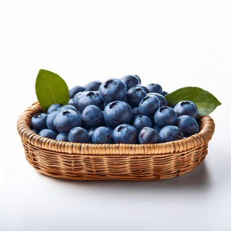 Blueberries in a wicker basket isolated on a white background.の素材