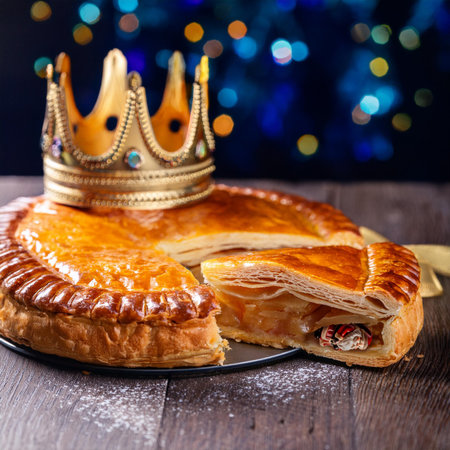 Traditional apple pie with golden crown on wooden background. Selective focus.の素材