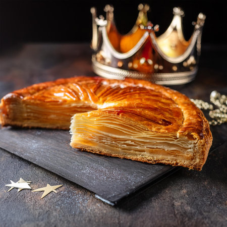 Traditional apple pie on black slate board with crown on dark background.の素材