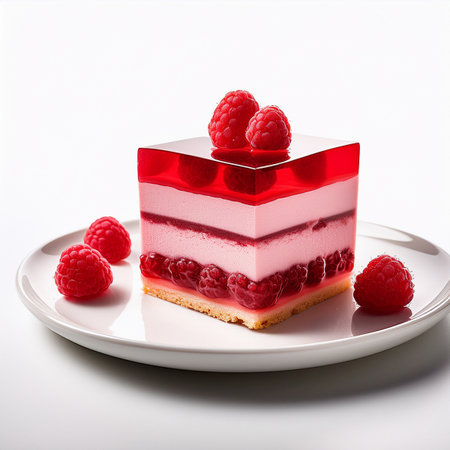 Piece of raspberry cheesecake with fresh raspberries on white backgroundの素材